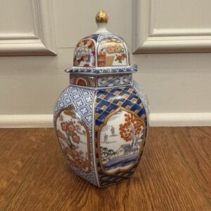 Japanese Ginger‎ Jar Hexagonal Miniature Red Blue Gold Oriental With Lid